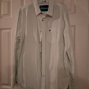 American Eagle Men's Striped Button Down Shirt - Green